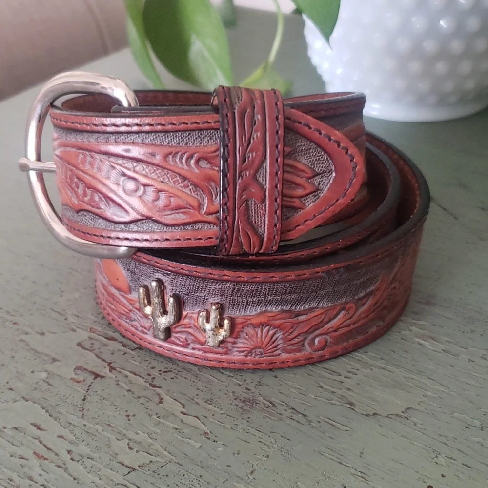 Vintage Tooled Embossed Leather Eagle Cactus Silver Western Belt